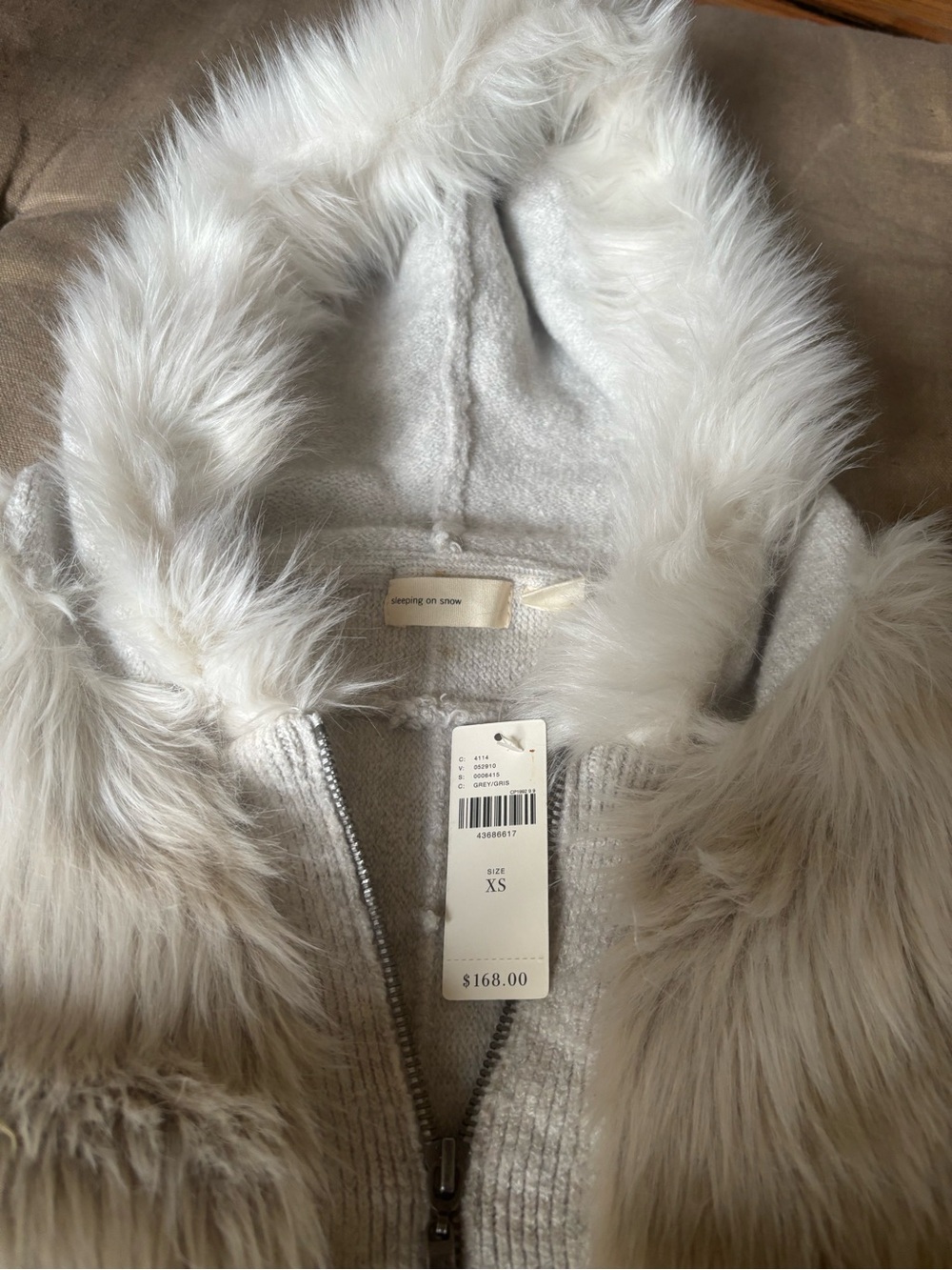 Anthropologie Cream Faux-Fur Hooded Zip Cardigan